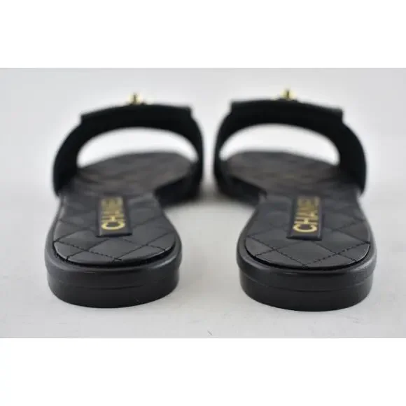 Chanel REV Black Turnlock Quilted Gold CC Logo Mules Slide Sandal Flop Flat 37 - Picture 11 of 12